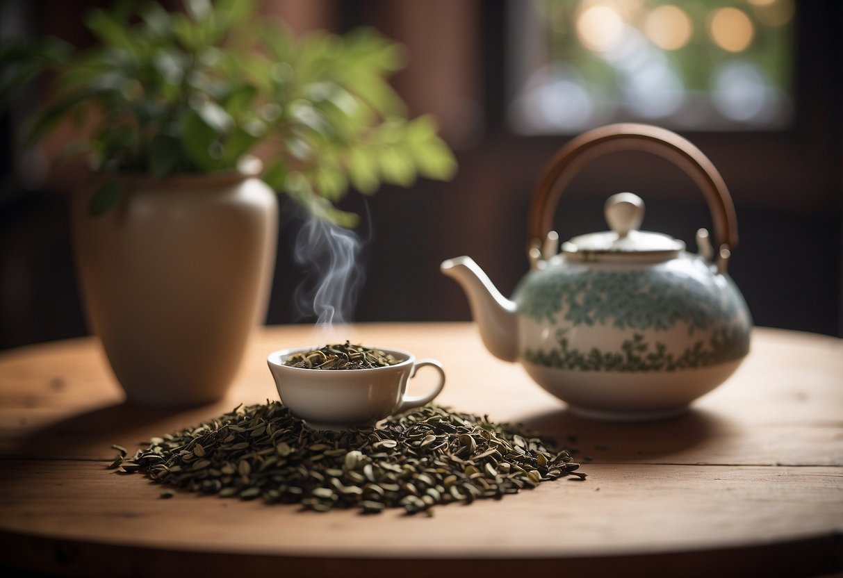 A weathered teapot sits on a wooden table, surrounded by dried pu-erh tea leaves. The tea's rich, earthy aroma fills the room