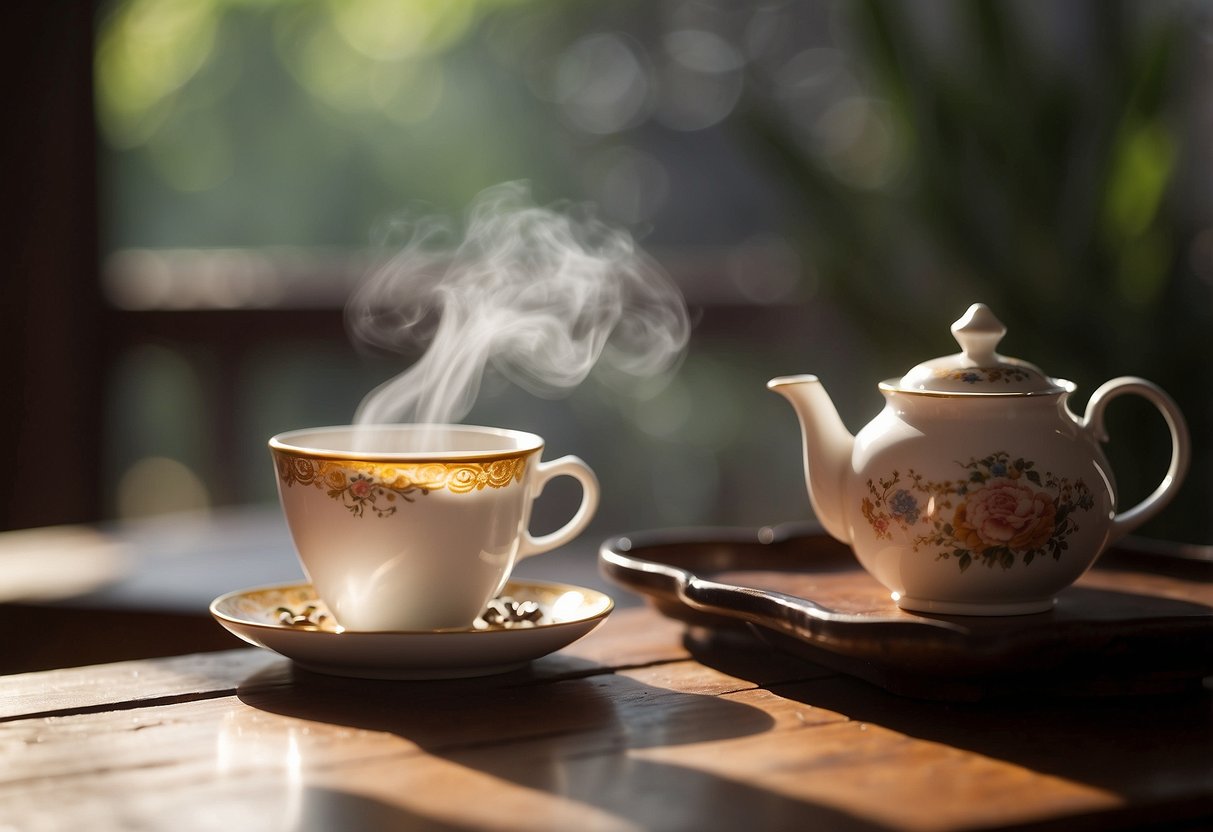 A steaming cup of Pu-erh tea sits on a wooden table, surrounded by delicate teacups and a vintage teapot. The room is bathed in warm, natural light, creating a serene and tranquil atmosphere