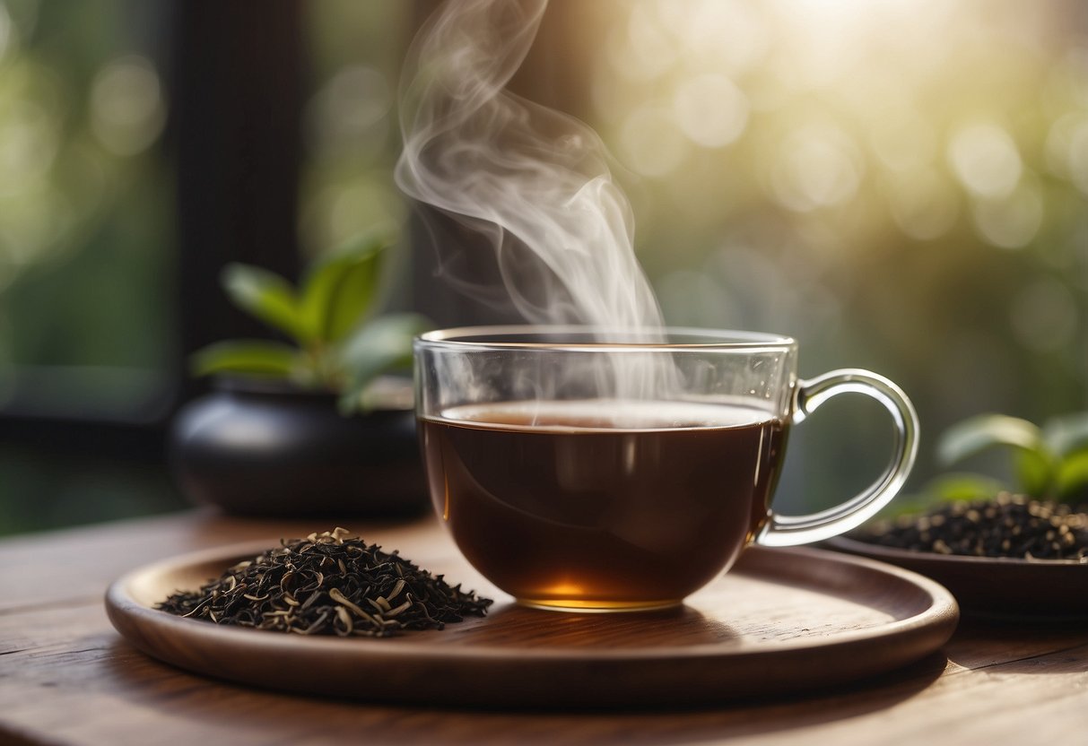 A steaming cup of Pu-erh tea sits on a wooden table, surrounded by loose tea leaves and a small teapot. A gentle steam rises from the cup, creating a cozy and inviting atmosphere