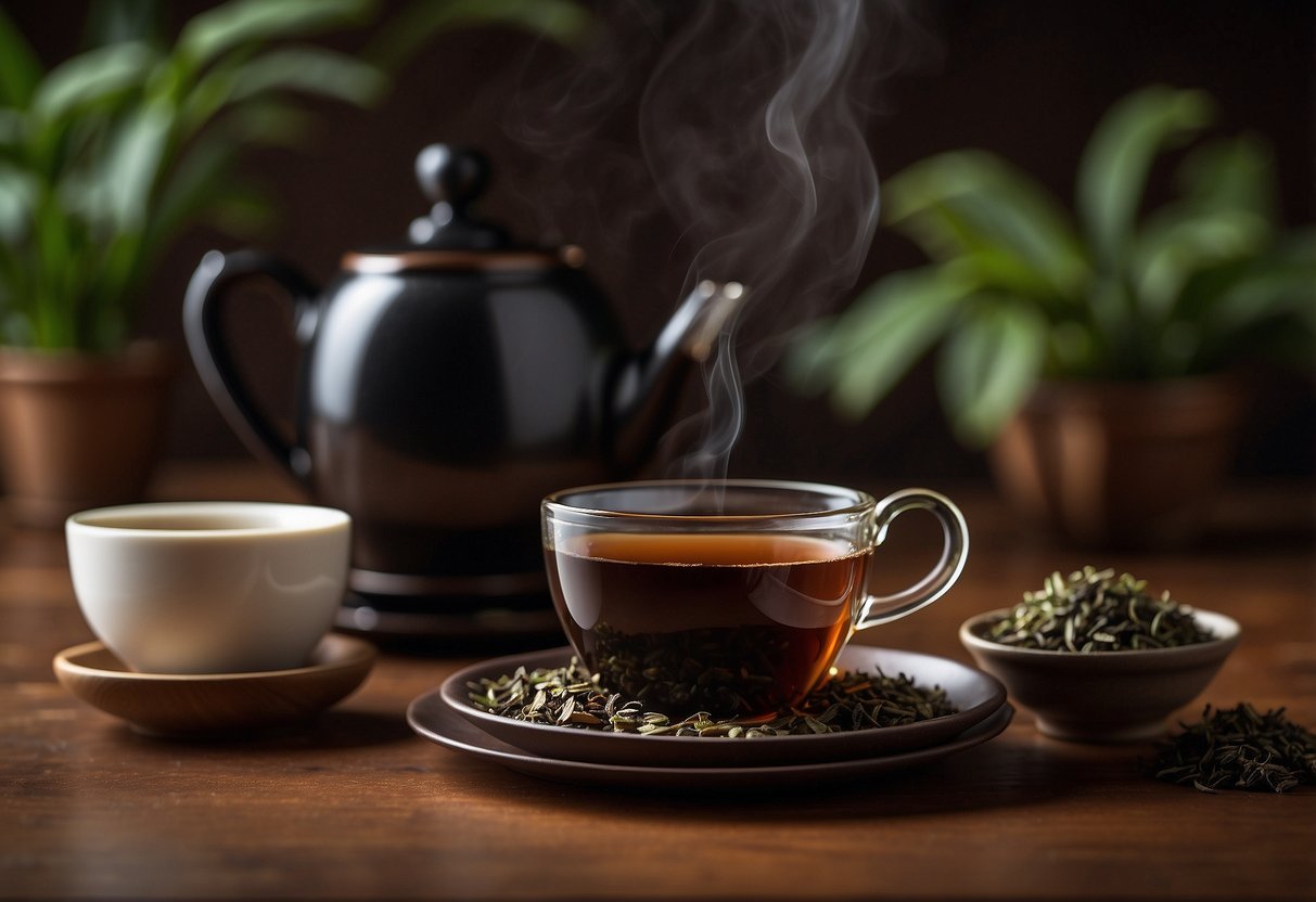 A steaming cup of pu-erh tea sits on a wooden table, surrounded by loose tea leaves and a teapot. The rich, dark liquid glistens in the light, hinting at its potent caffeine content