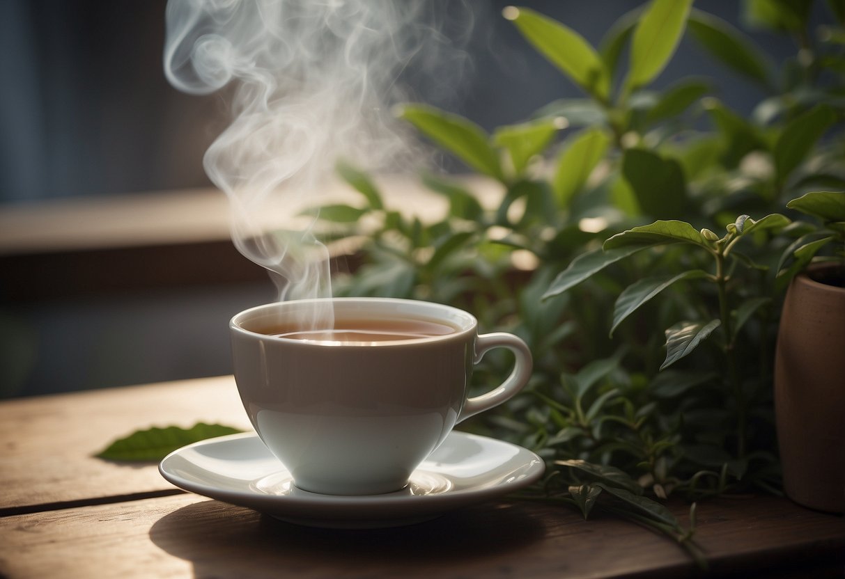 A steaming cup of Pu-erh tea sits on a table next to a wilted plant, emphasizing the effects of dehydration