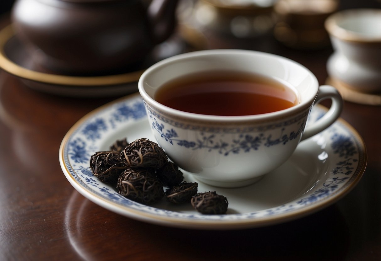 A cup of pu erh tea sits next to a plate of iron-rich food. A warning sign with "side effects" is visible