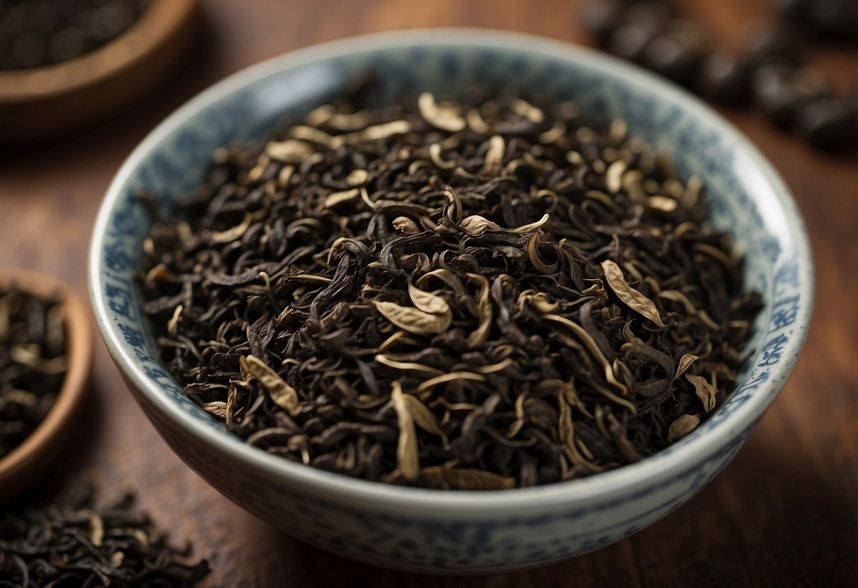 Aged Pu-erh tea stored in a dark, cool environment for several years. The tea leaves are tightly compressed in a natural material, with a rich, earthy aroma