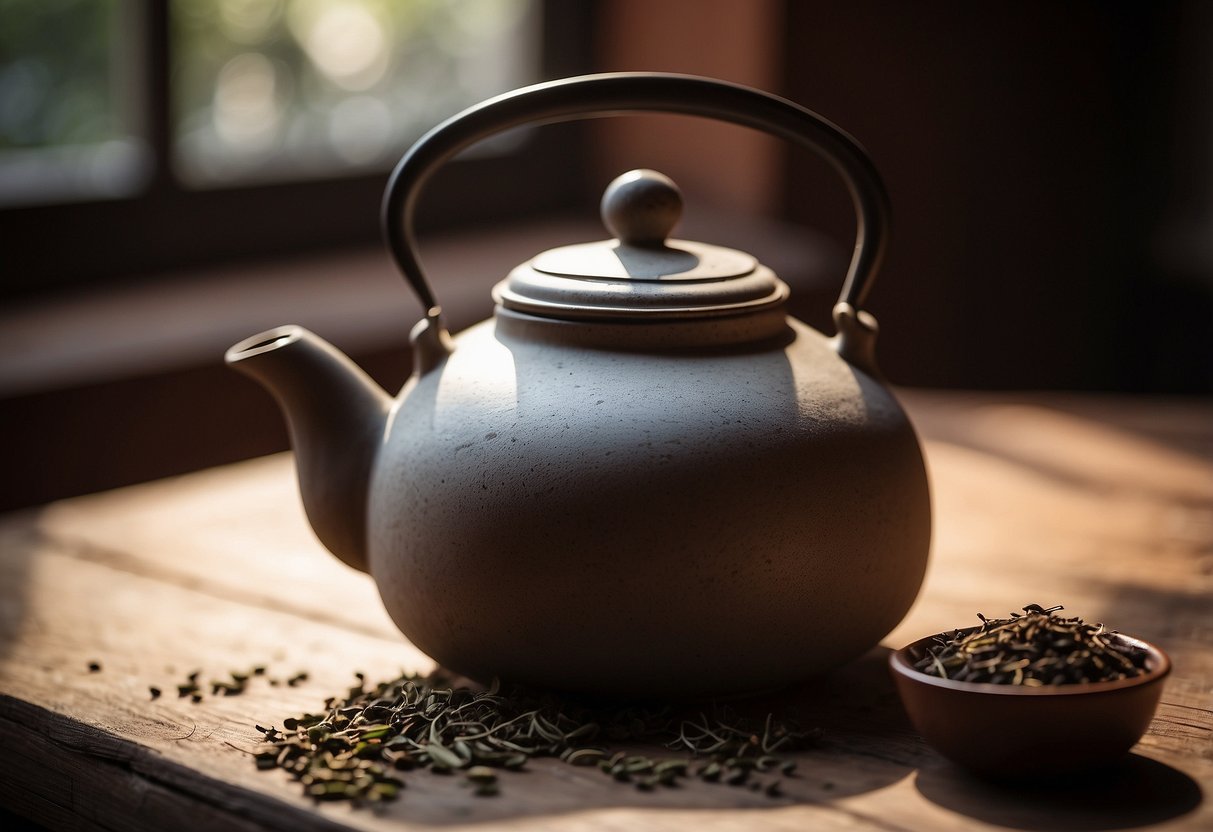 A weathered clay teapot sits on a wooden table, surrounded by dried pu-erh tea leaves and a steaming kettle. The room is dimly lit, with soft natural light streaming in through a window, casting a warm glow on the