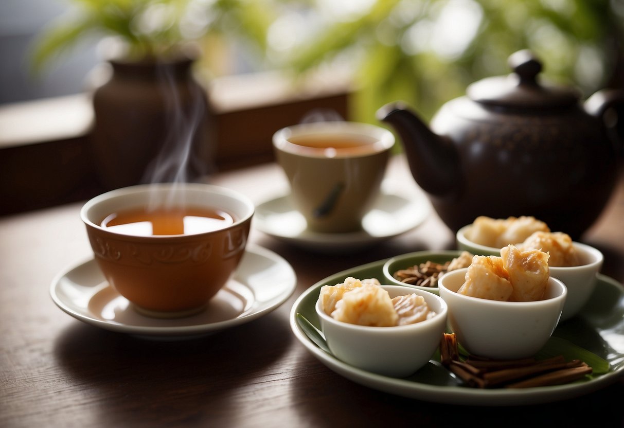 A teapot pours pu-erh tea into small cups. A plate of dim sum sits nearby