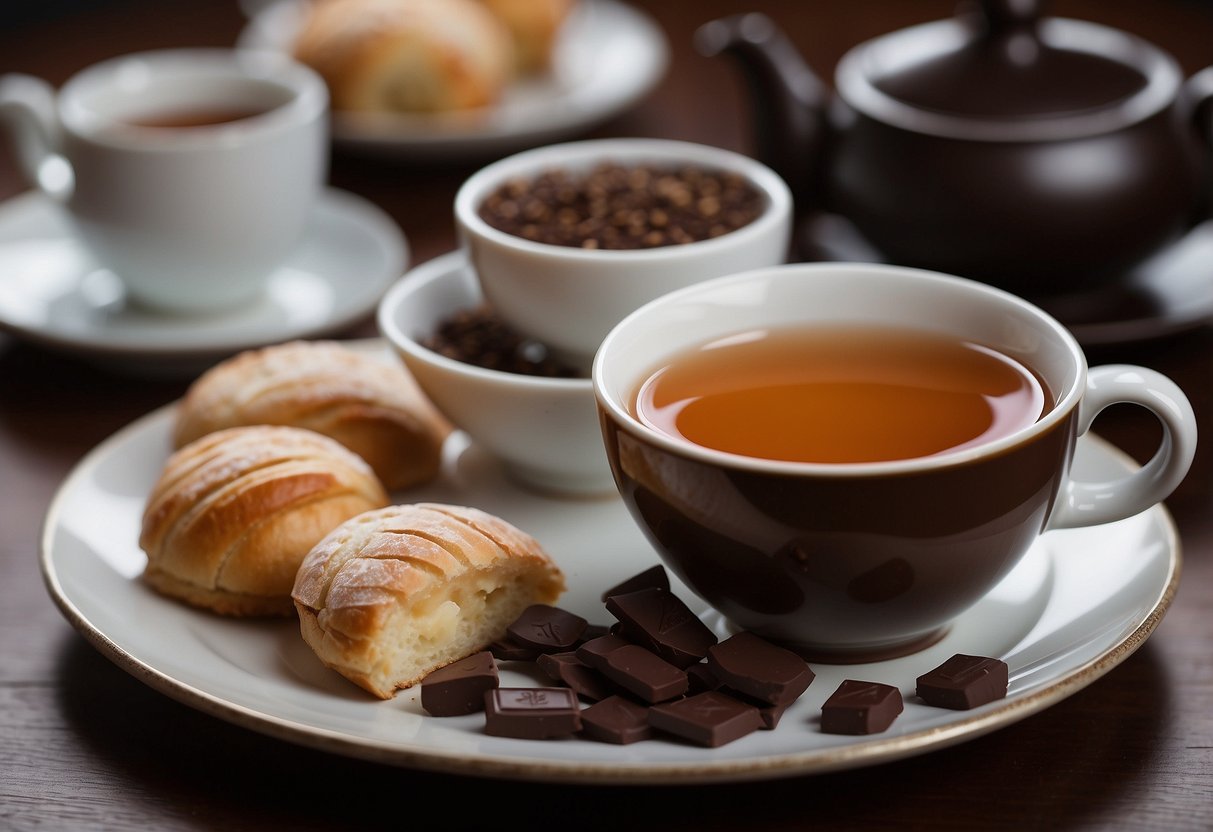 A steaming cup of pu-erh tea sits next to a plate of delicate pastries and rich dark chocolate, creating a perfect pairing for a sweet and savory tea experience