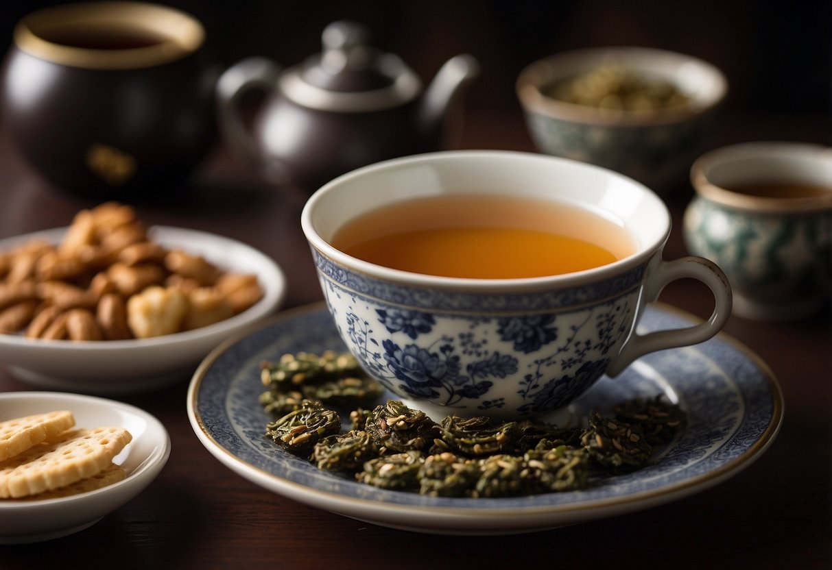 A steaming cup of Pu-erh tea sits next to a plate of savory snacks, including crispy seaweed, roasted nuts, and tangy pickles