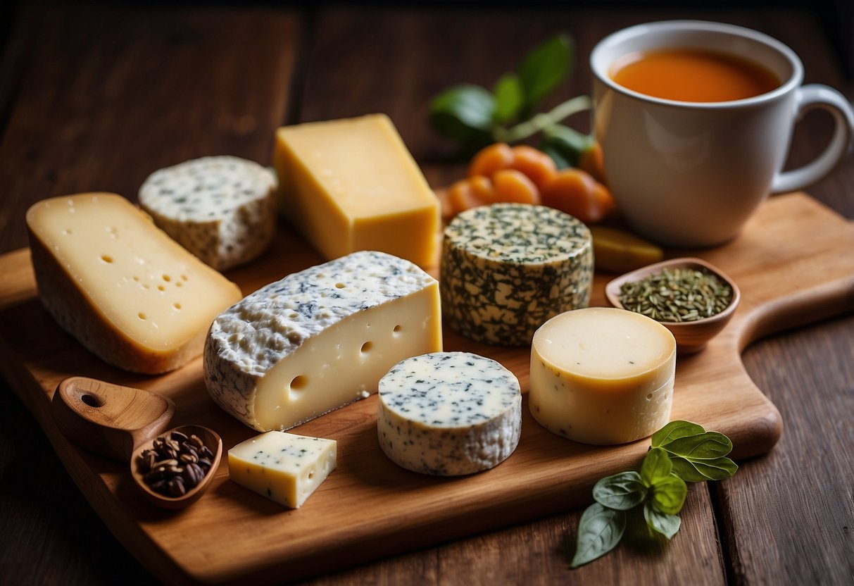 A variety of cheeses arranged on a wooden board next to a steaming cup of pu-erh tea. The cheeses range in color, texture, and shape, creating an inviting and appetizing display