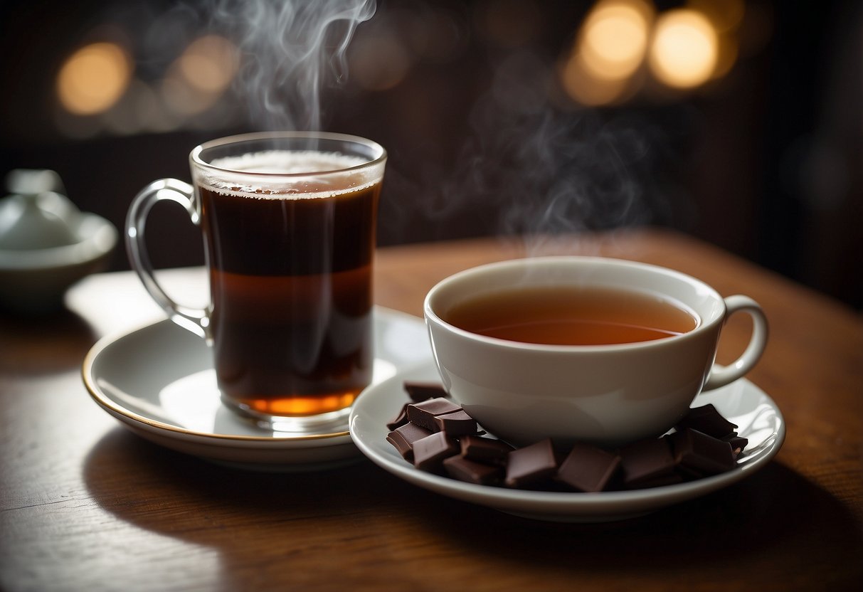 A steaming cup of pu-erh tea sits next to a plate of rich, dark chocolate. A teapot and small dish of sugar complete the elegant setting