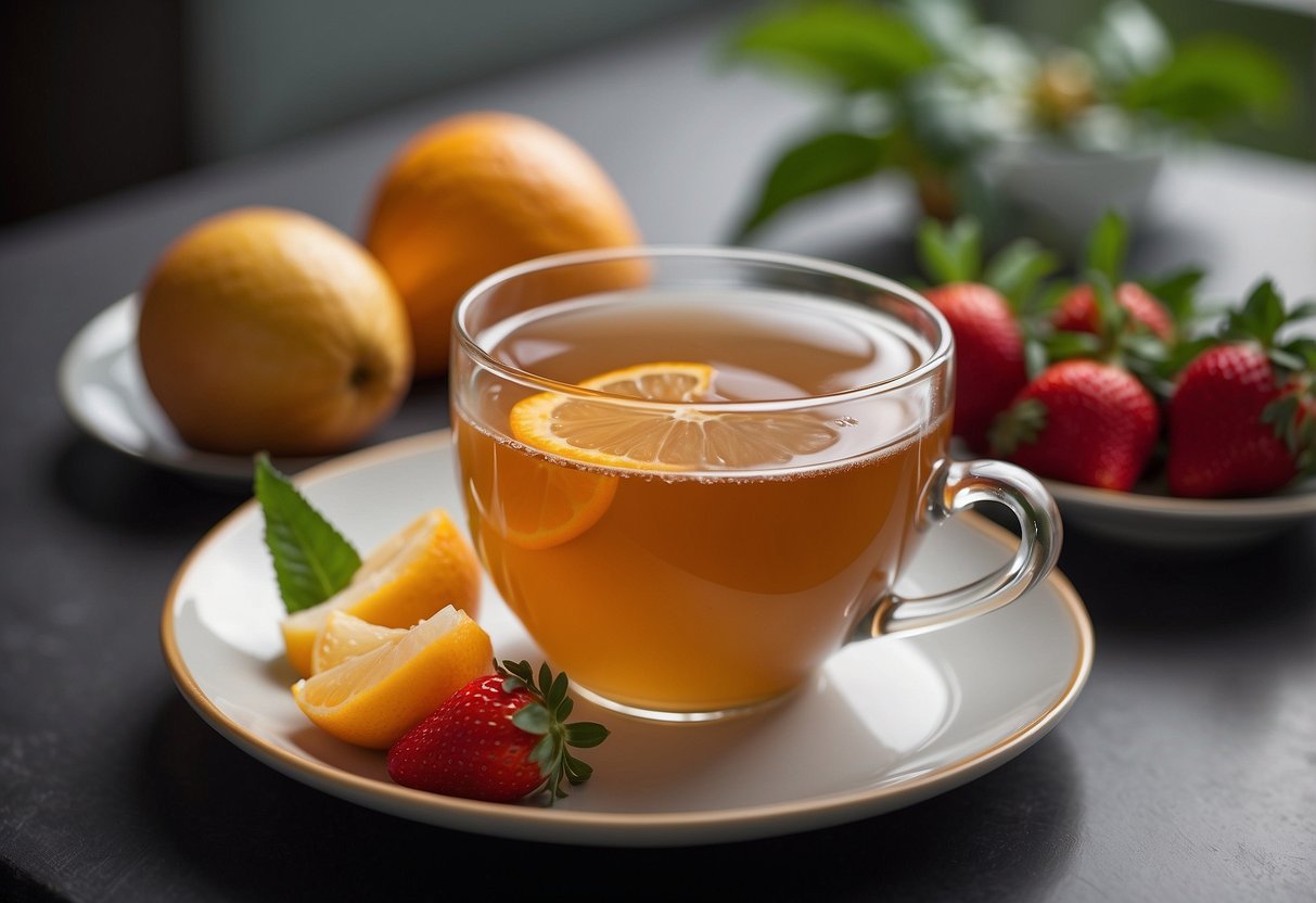 A steaming cup of pu-erh tea sits next to a plate of fresh fruit - sliced pears, juicy oranges, and ripe strawberries. The vibrant colors and enticing aromas create an inviting scene