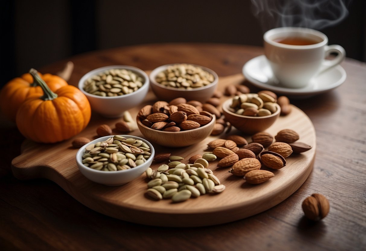 A wooden serving board with a variety of nuts and seeds, such as almonds, walnuts, and pumpkin seeds, arranged in pairs next to a steaming cup of pu erh tea