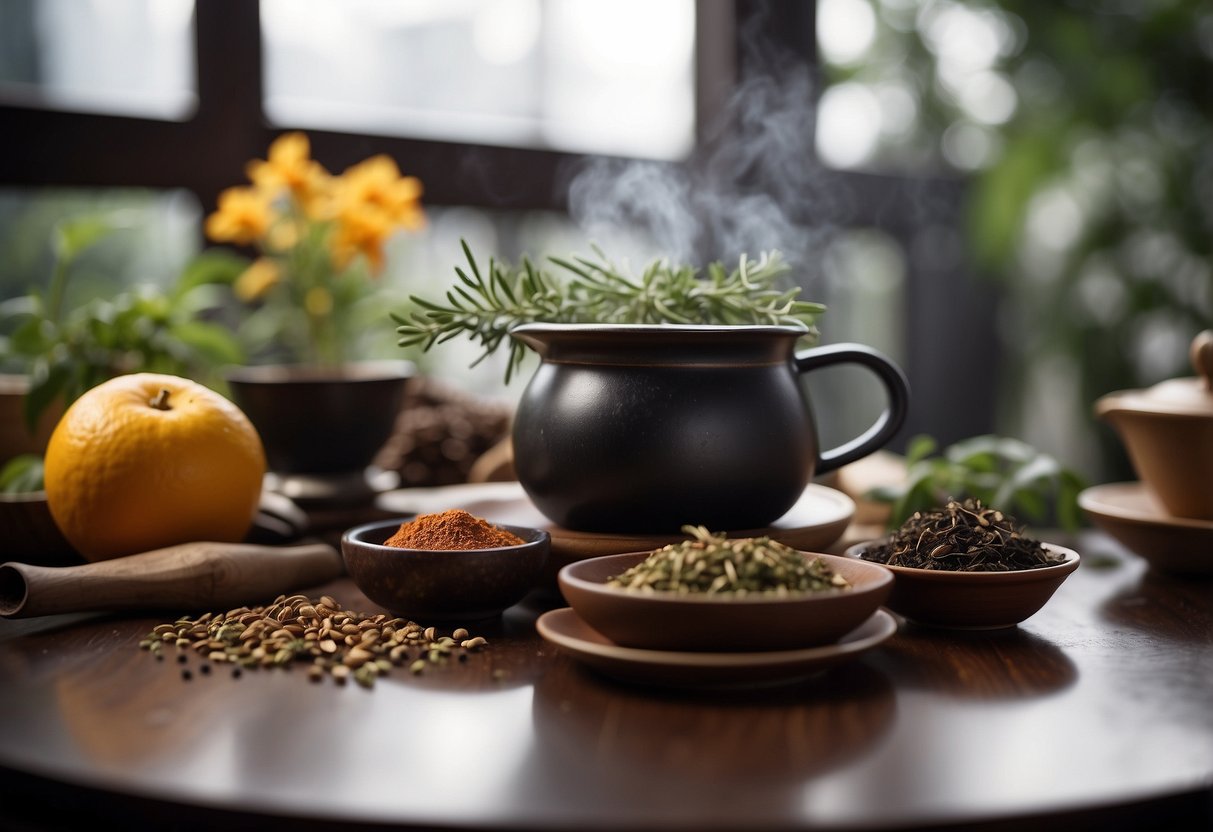 A table set with various herbs, fruits, and spices next to a steaming pot of pu erh tea. Aromatic steam rises from the pot, creating a cozy and inviting atmosphere