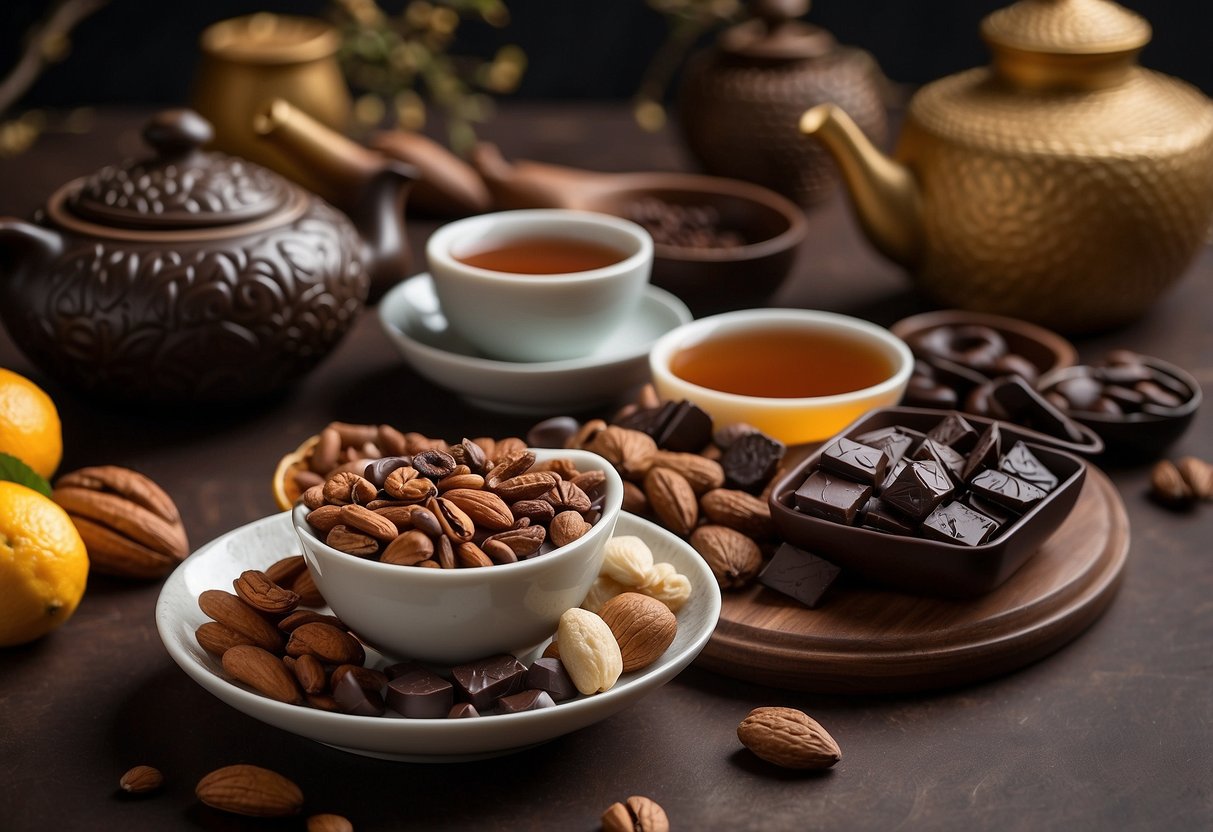 A table set with pu erh tea and various food items, such as dark chocolate, nuts, and dried fruits, showcasing dietary considerations for pairings