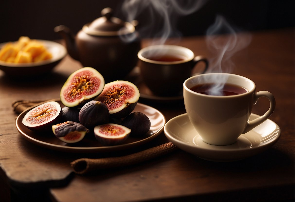 A steaming cup of pu-erh tea next to a plate of dark chocolate and ripe, juicy figs. A cozy setting with warm lighting and earthy tones