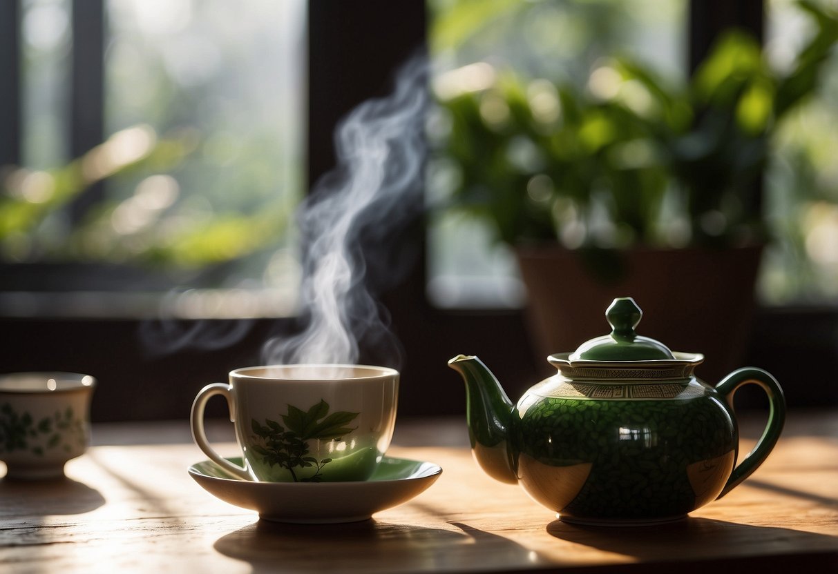 A steaming cup of raw puerh sits on a wooden table surrounded by fresh green tea leaves and a teapot. The sunlight filters through the window, casting a warm glow on the scene