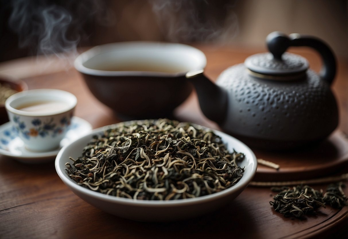 A pile of dried raw puerh tea leaves in a ceramic bowl, surrounded by a traditional Chinese tea set and a steaming kettle