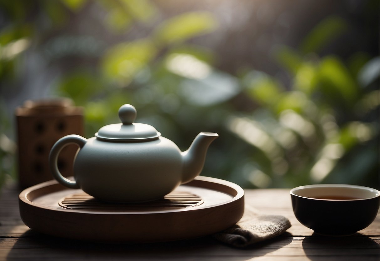 A traditional tea ceremony with raw puerh brewing in a clay teapot, surrounded by symbolic Chinese tea utensils and a tranquil, meditative atmosphere