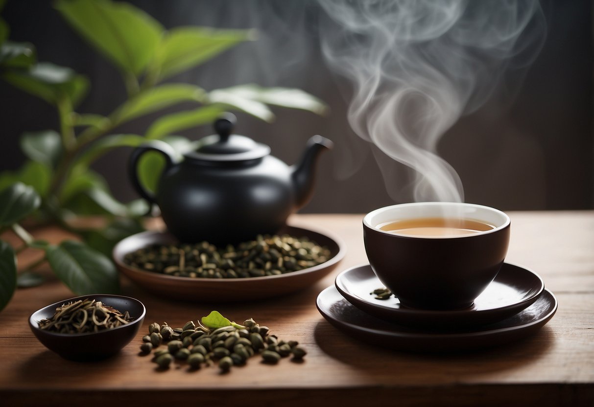 A steaming cup of raw puerh sits on a wooden table, surrounded by scattered tea leaves and a traditional Chinese tea set