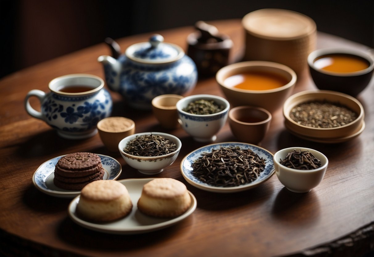 A variety of Pu-erh tea leaves and cakes arranged on a wooden table with traditional Chinese tea utensils nearby