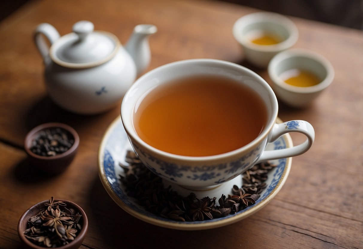 A steaming cup of Pu-erh tea sits on a wooden table, surrounded by dried tea leaves and a small clay teapot. The rich, earthy aroma wafts through the air, inviting the viewer to take a sip