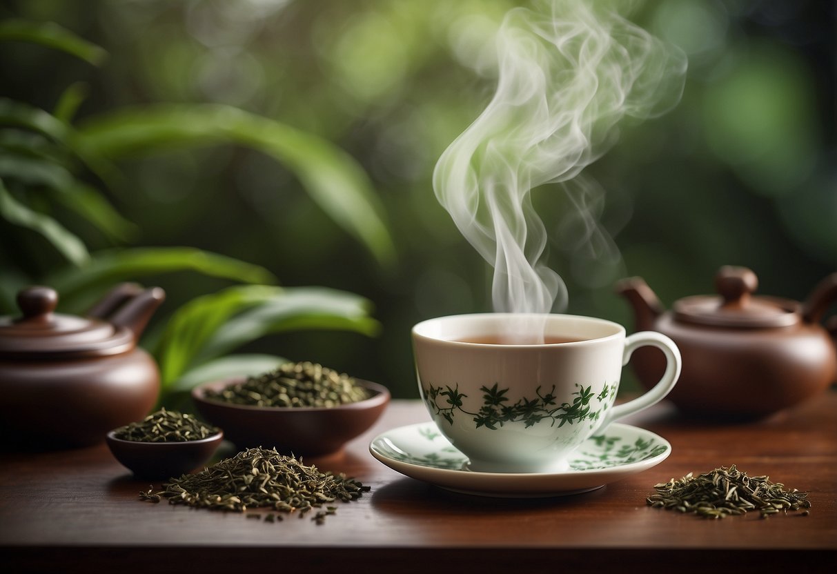 A steaming cup of pu-erh tea surrounded by lush green tea leaves and a backdrop of traditional Chinese tea utensils