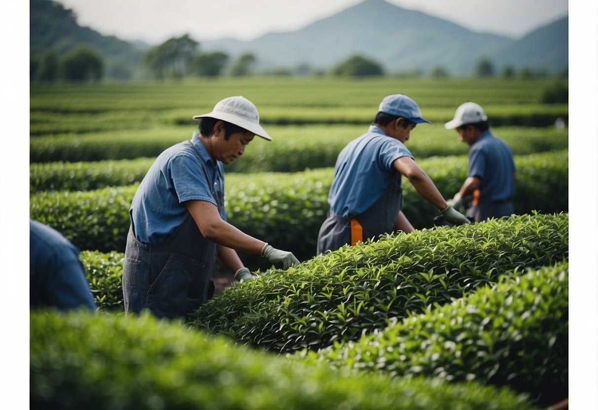 Lush green tea bushes surrounded by workers picking leaves. Nearby, a processing facility with workers sorting and drying tea leaves