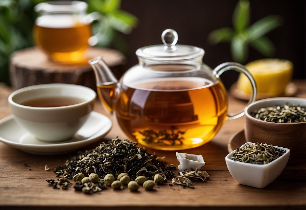 Various tea formats arranged on a wooden table: loose leaf, tea bags, and tea bricks. A teapot and cups sit nearby