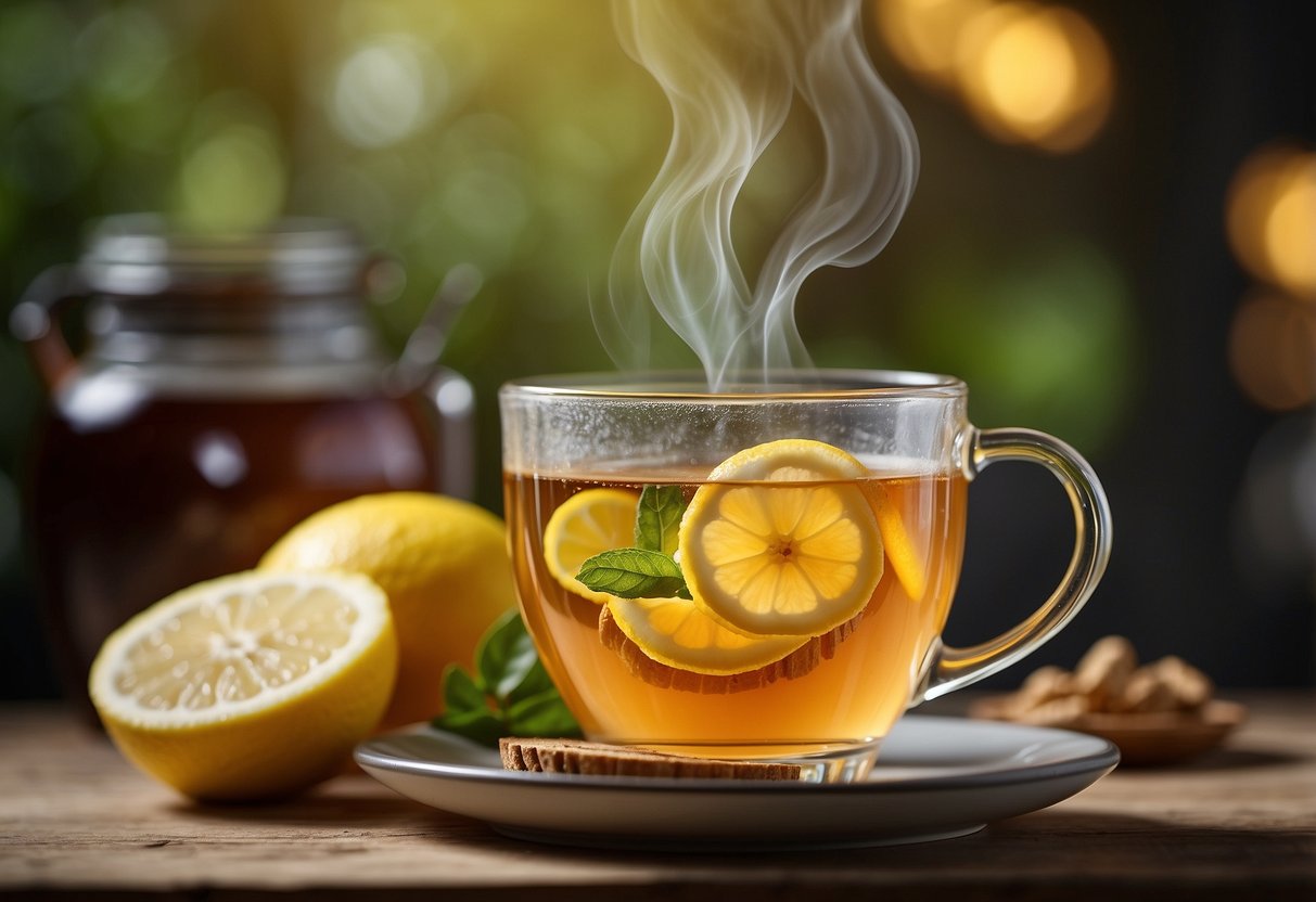 Steaming cup of herbal tea surrounded by lemon slices, honey, and ginger root