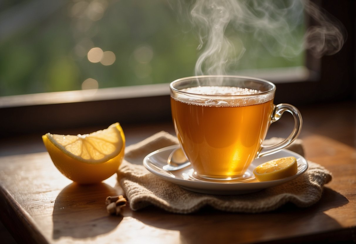 A steaming cup of tea with honey and lemon, set on a cozy table by a window, with a soothing background of soft lighting and a warm blanket nearby