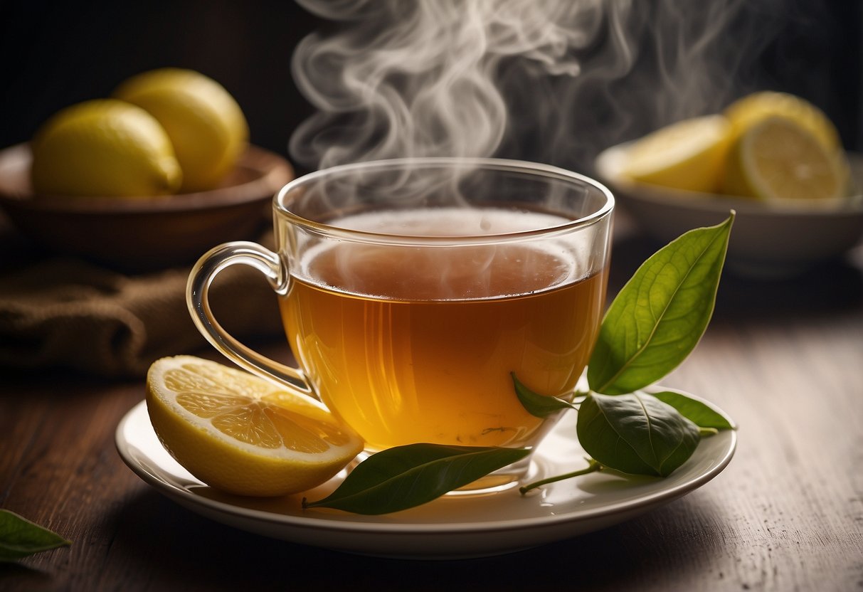 A steaming cup of tea with a soothing steam rising, surrounded by fresh tea leaves and a few slices of lemon