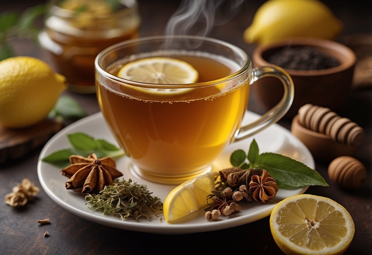 Steaming cup of herbal tea surrounded by soothing ingredients like honey, lemon, and ginger