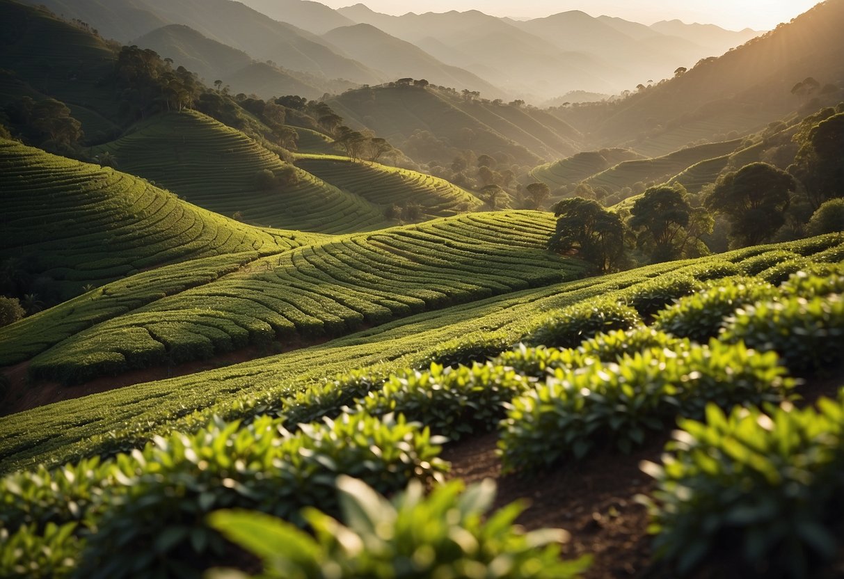 A tea plantation with rows of lapsang souchong bushes under the warm sunlight