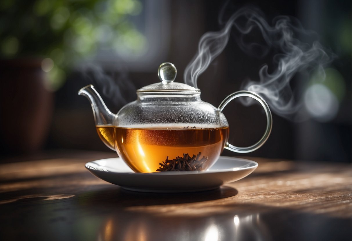 A steaming teapot pours into a delicate cup, releasing the smoky aroma of lapsang souchong