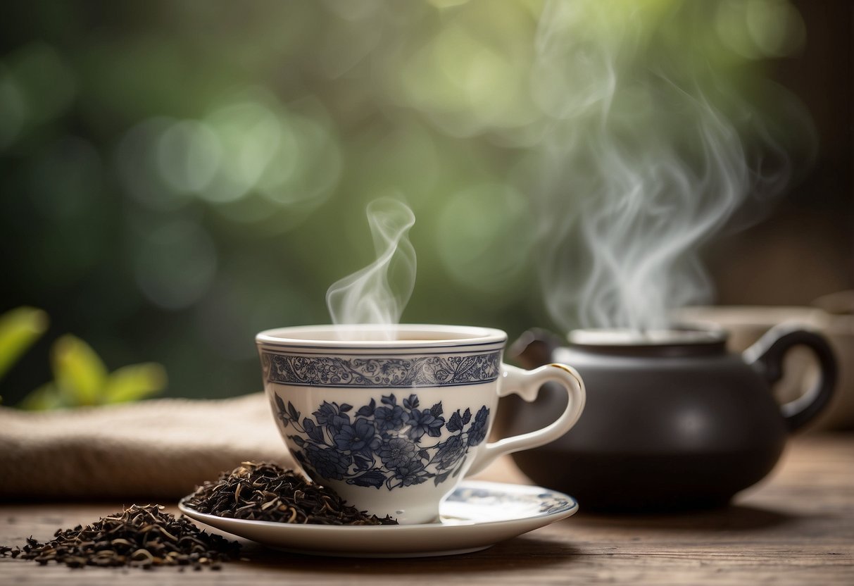 A steaming cup of lapsang souchong sits on a rustic wooden table, surrounded by loose tea leaves and a smoky aroma