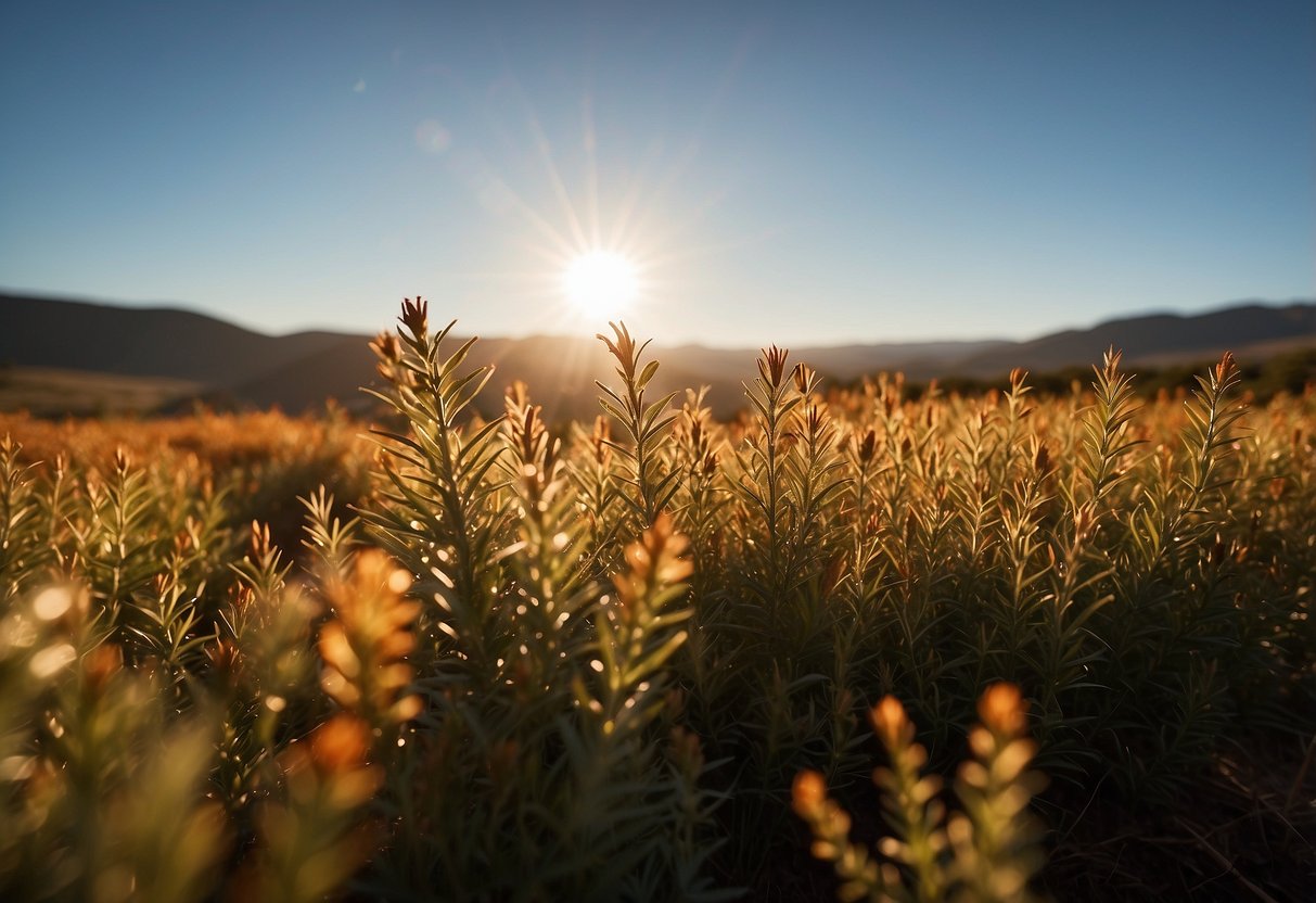 A field of rooibos plants stretching to the horizon, bathed in warm sunlight with a clear blue sky above