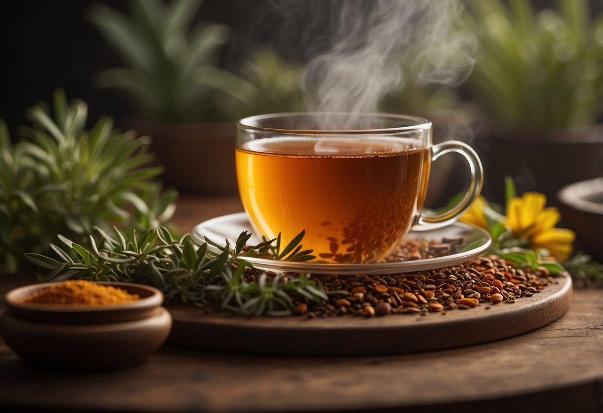 A cup of rooibos tea surrounded by various plants and herbs, with a gentle steam rising from the warm liquid