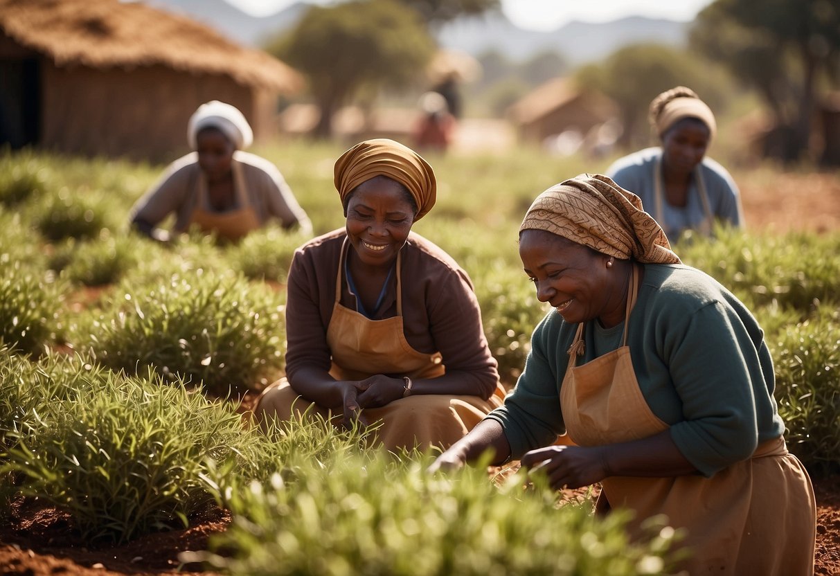 A traditional South African village with women harvesting and drying rooibos leaves under the warm African sun