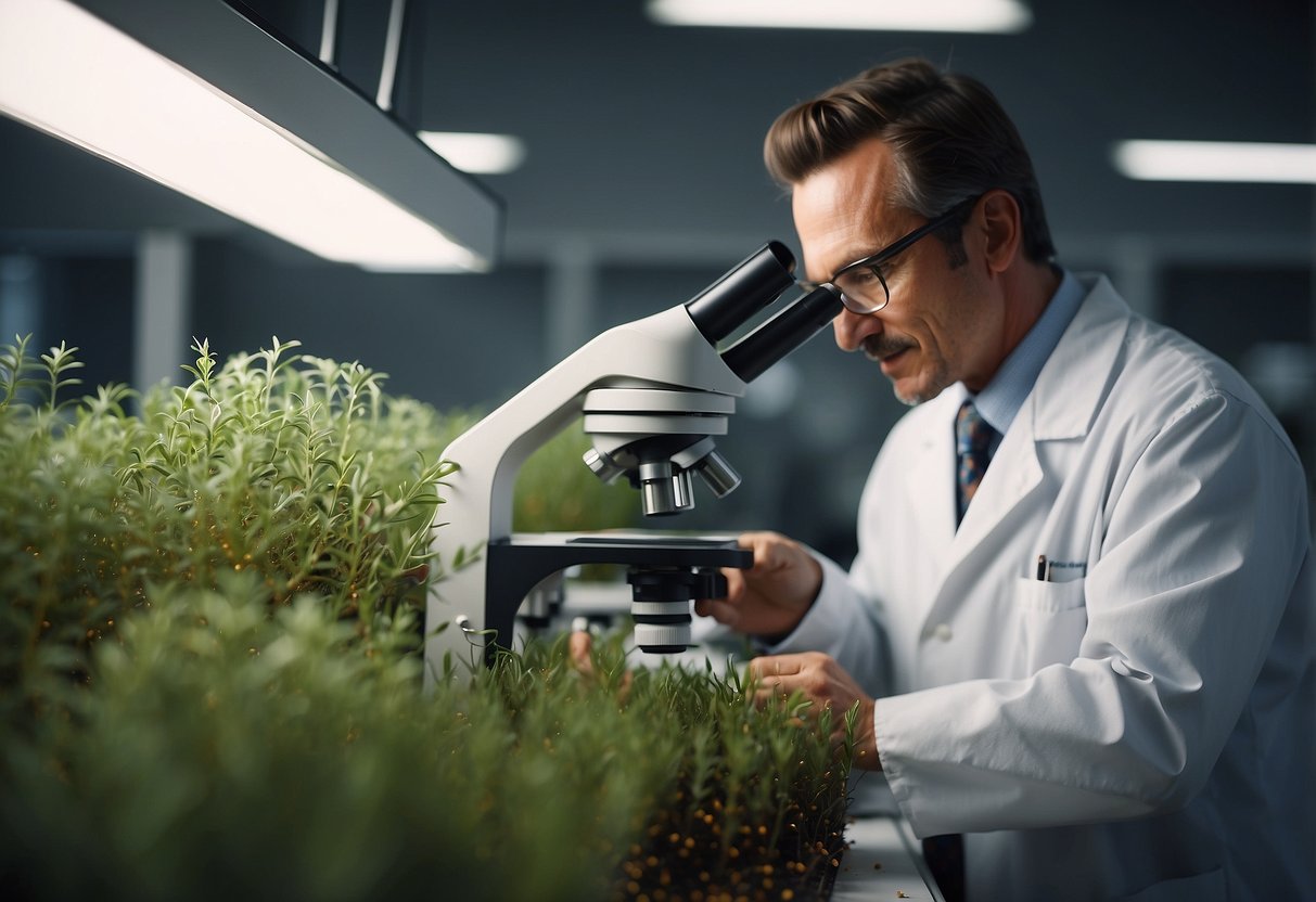 A scientist examines rooibos plants under a microscope in a research lab