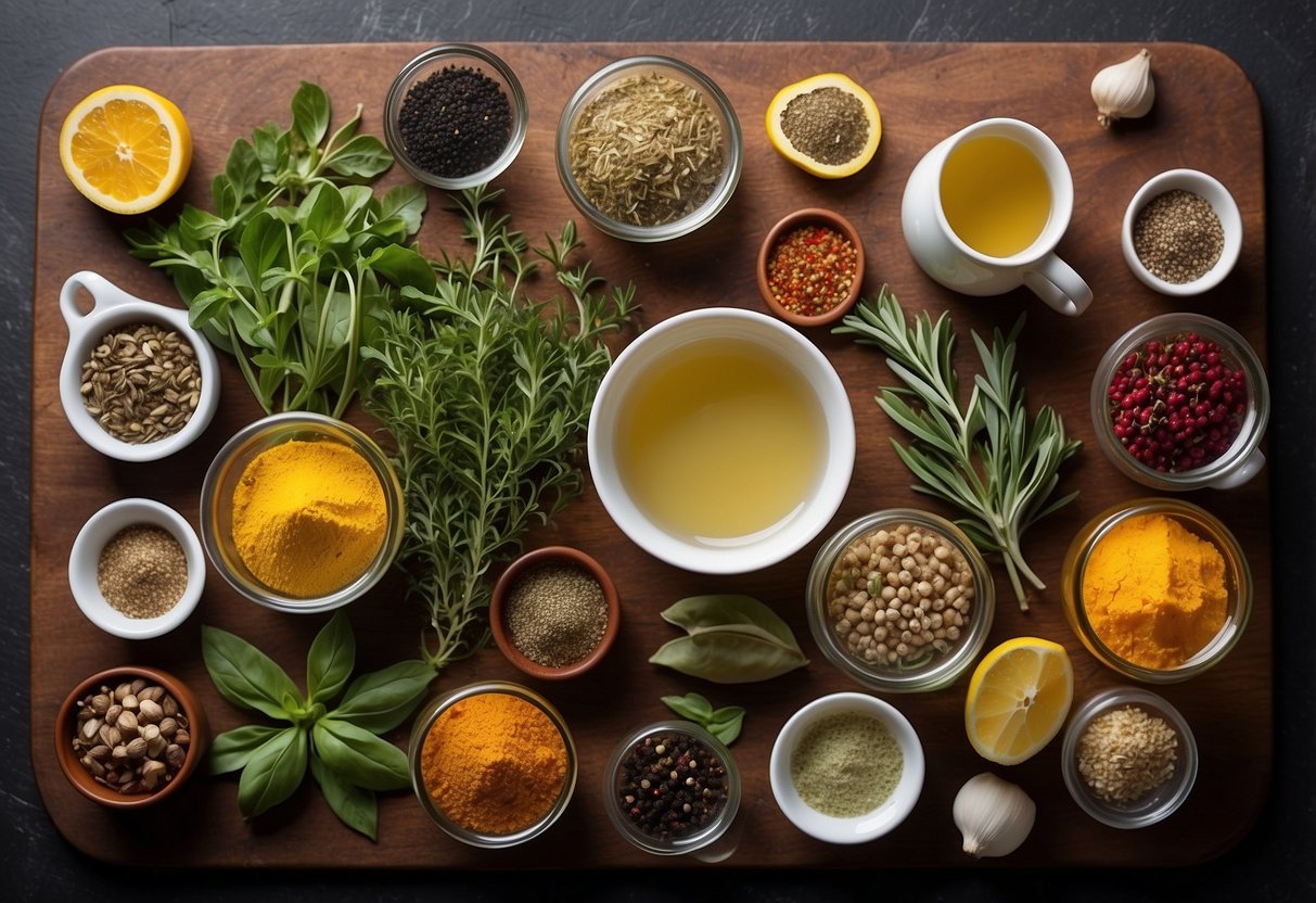 Various herbs and spices arranged on a cutting board, a pot of boiling water, and a tea infuser filled with ingredients