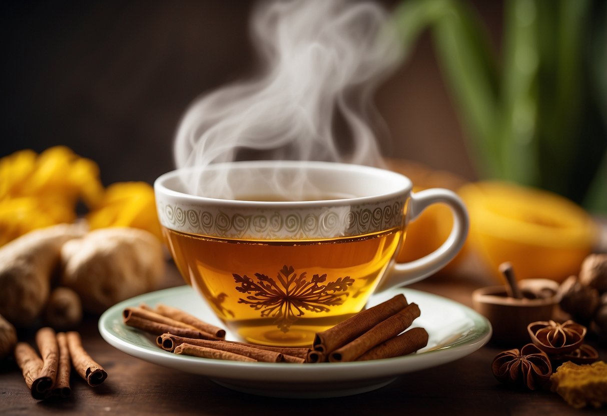 A steaming cup of anti-inflammatory tea surrounded by vibrant, fresh ingredients like ginger, turmeric, and cinnamon. A gentle wisp of steam rises from the cup, conveying warmth and comfort