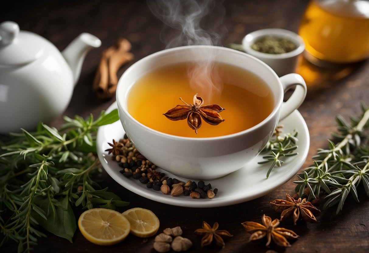 A steaming cup of anti-inflammatory tea surrounded by herbs and spices with a caution label listing potential side effects