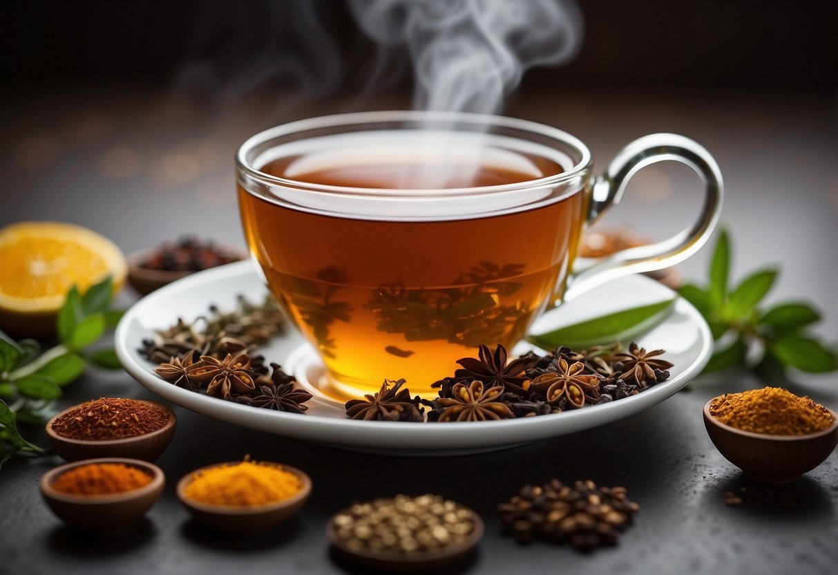 Steaming cup of anti-inflammatory tea surrounded by colorful herbs and spices