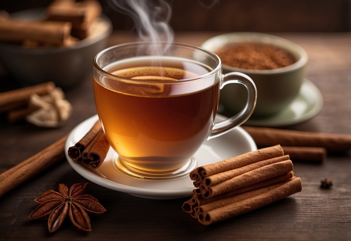 A steaming cup of cinnamon tea surrounded by fresh cinnamon sticks and a warm, inviting atmosphere