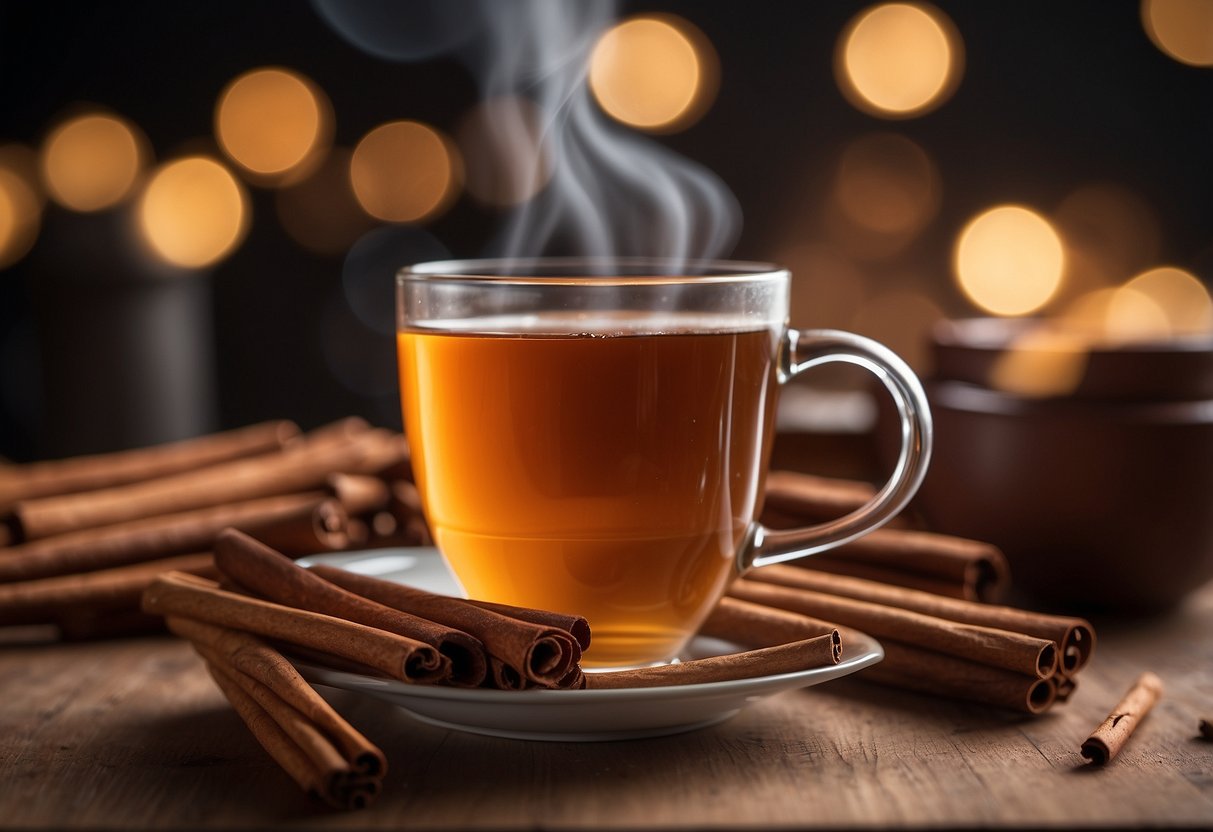 A steaming cup of cinnamon tea surrounded by cinnamon sticks and a caution sign