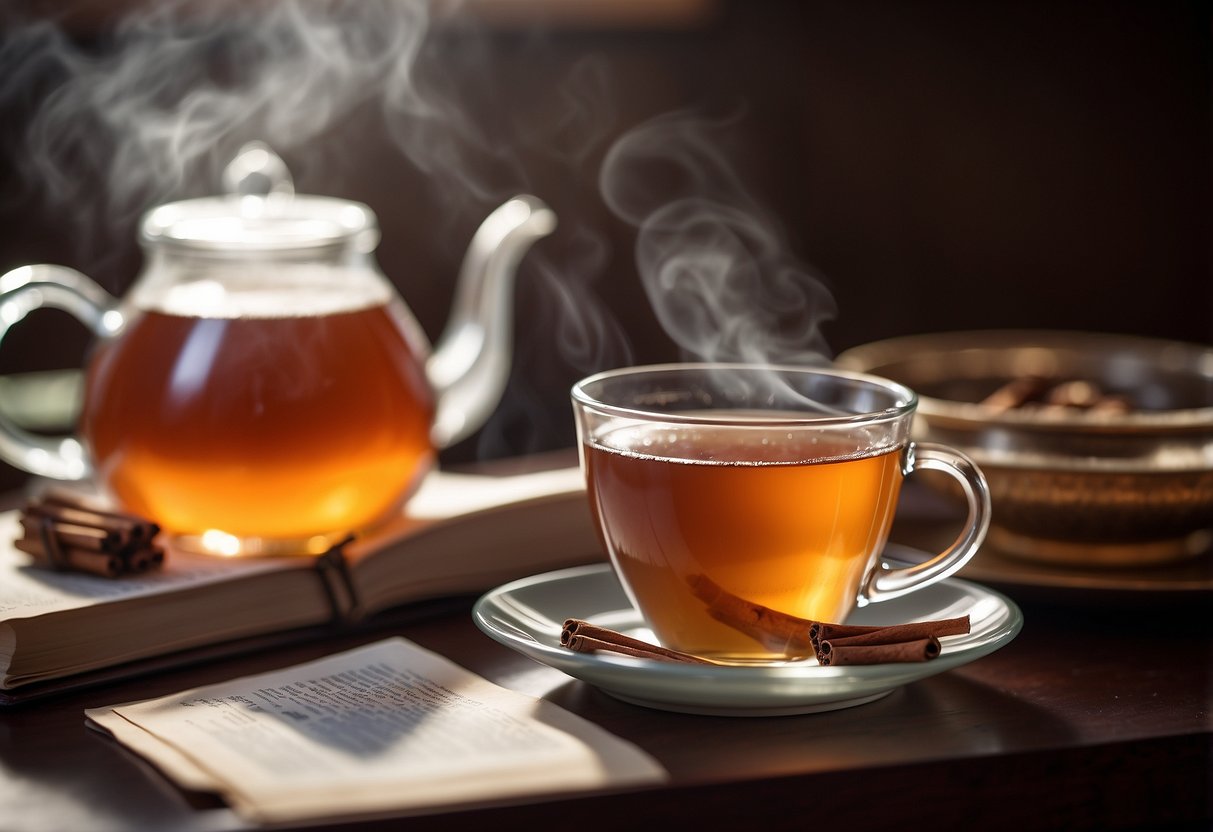 A steaming cup of cinnamon tea surrounded by research papers and studies on its health benefits