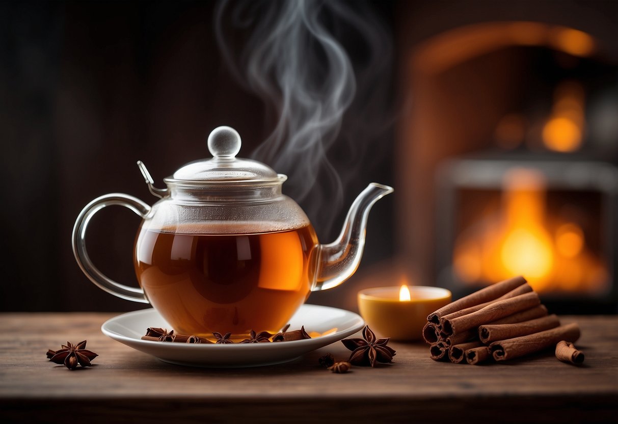 A steaming cup of cinnamon tea surrounded by cinnamon sticks and a teapot, with a cozy setting in the background