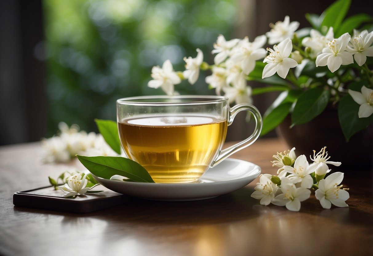 A steaming cup of jasmine tea surrounded by fresh jasmine flowers, with a serene and peaceful atmosphere