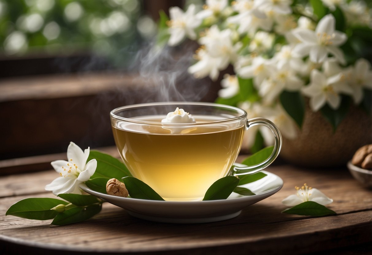 A steaming cup of jasmine tea sits on a wooden table, surrounded by fresh jasmine flowers and a plate of delicate pastries