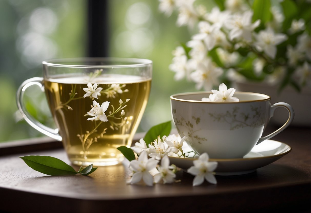 A steaming cup of jasmine tea surrounded by blooming jasmine flowers and a gentle breeze