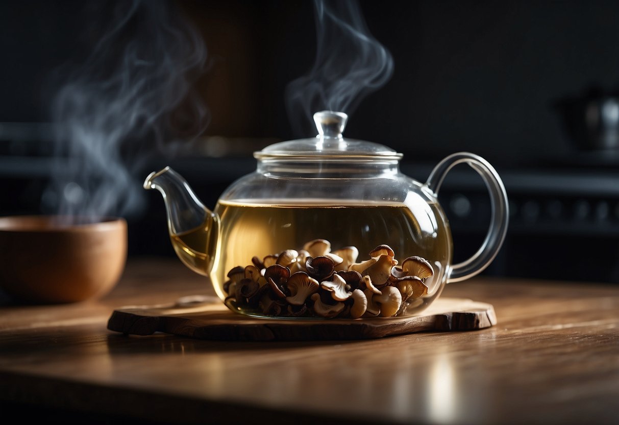 A pot boils on the stove. A handful of dried mushrooms steep in hot water. A teapot sits nearby, ready to pour